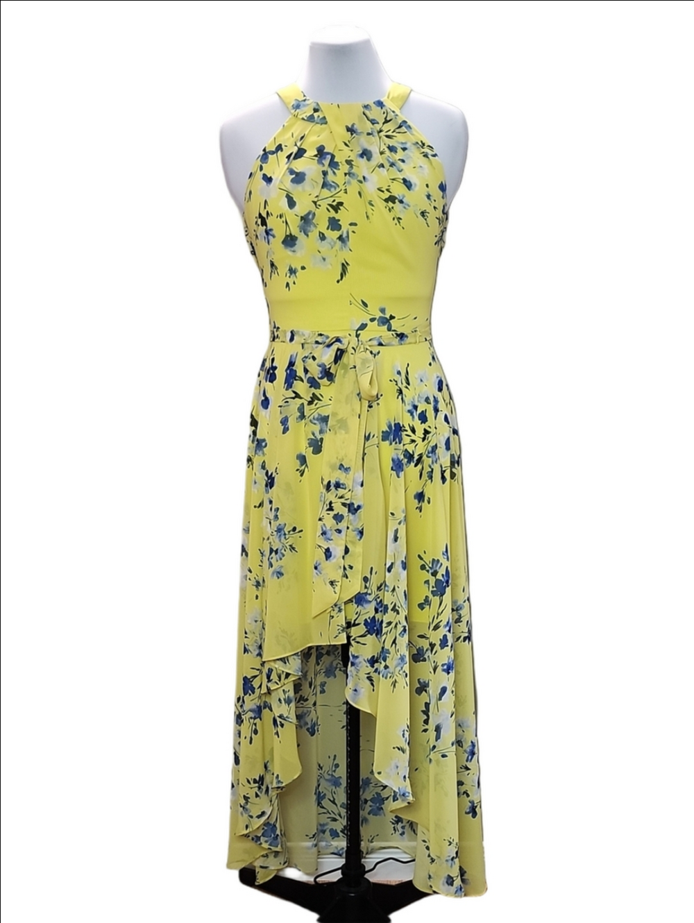 ELIZA J. Yellow Floral high Halter pleated neck High-Low Dress